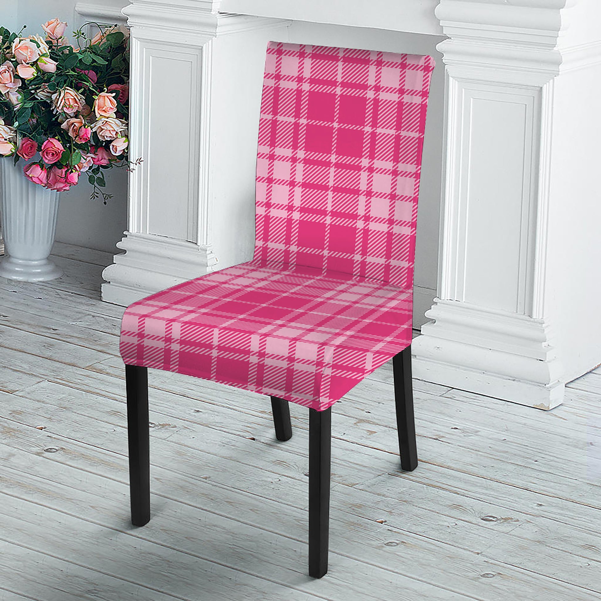 Pink Tartan Pattern Print Dining Chair Slipcover