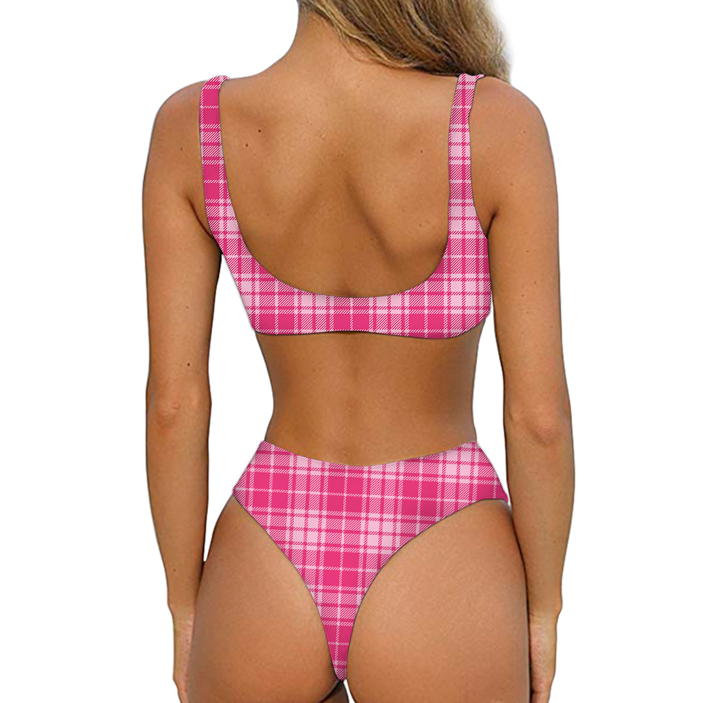 Pink Tartan Pattern Print Front Bow Tie Bikini