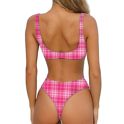 Pink Tartan Pattern Print Front Bow Tie Bikini