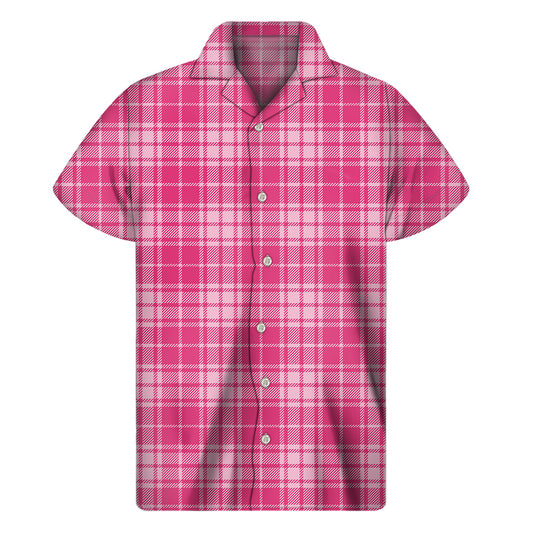 Pink Tartan Pattern Print Men's Short Sleeve Shirt