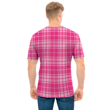 Pink Tartan Pattern Print Men's T-Shirt