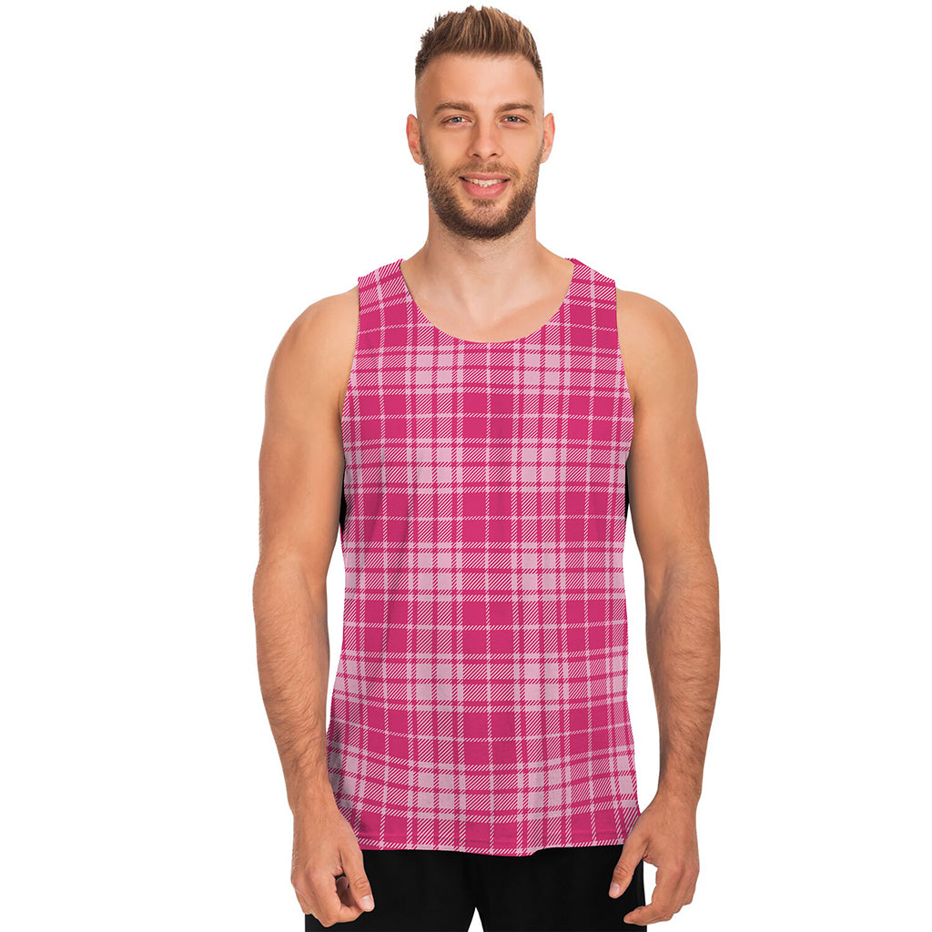 Pink Tartan Pattern Print Men's Tank Top