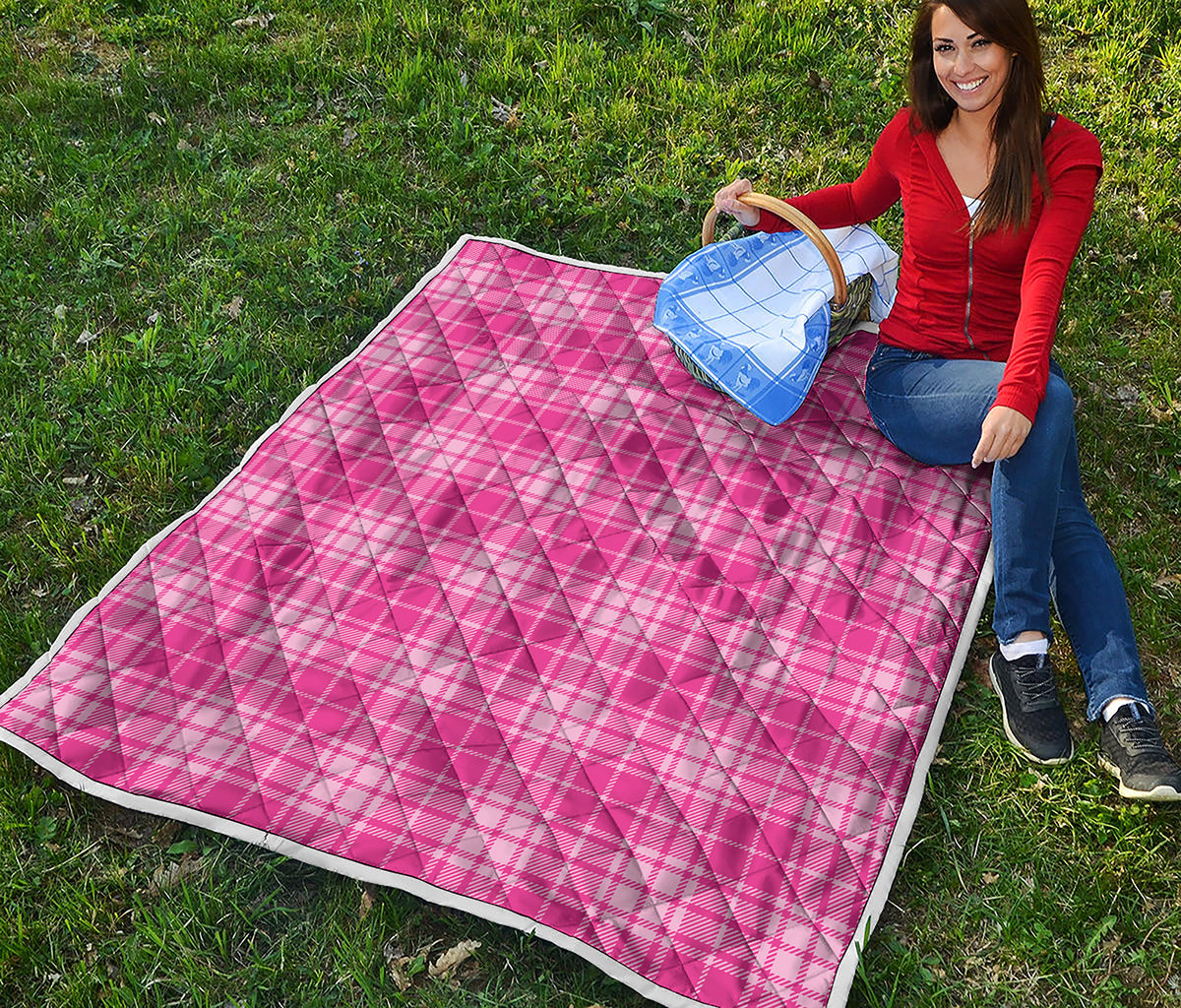 Pink Tartan Pattern Print Quilt