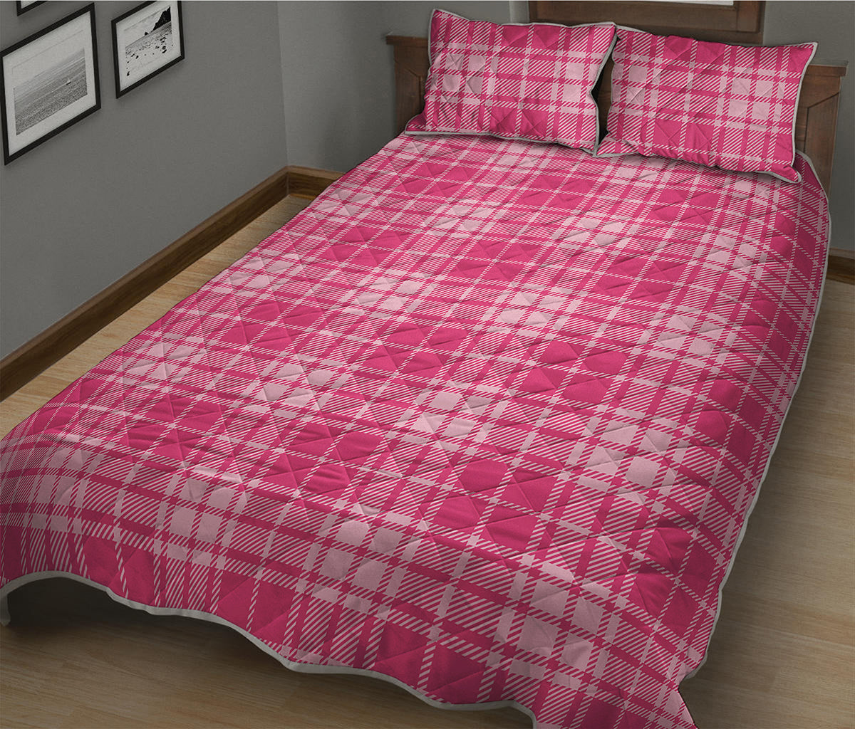 Pink Tartan Pattern Print Quilt Bed Set