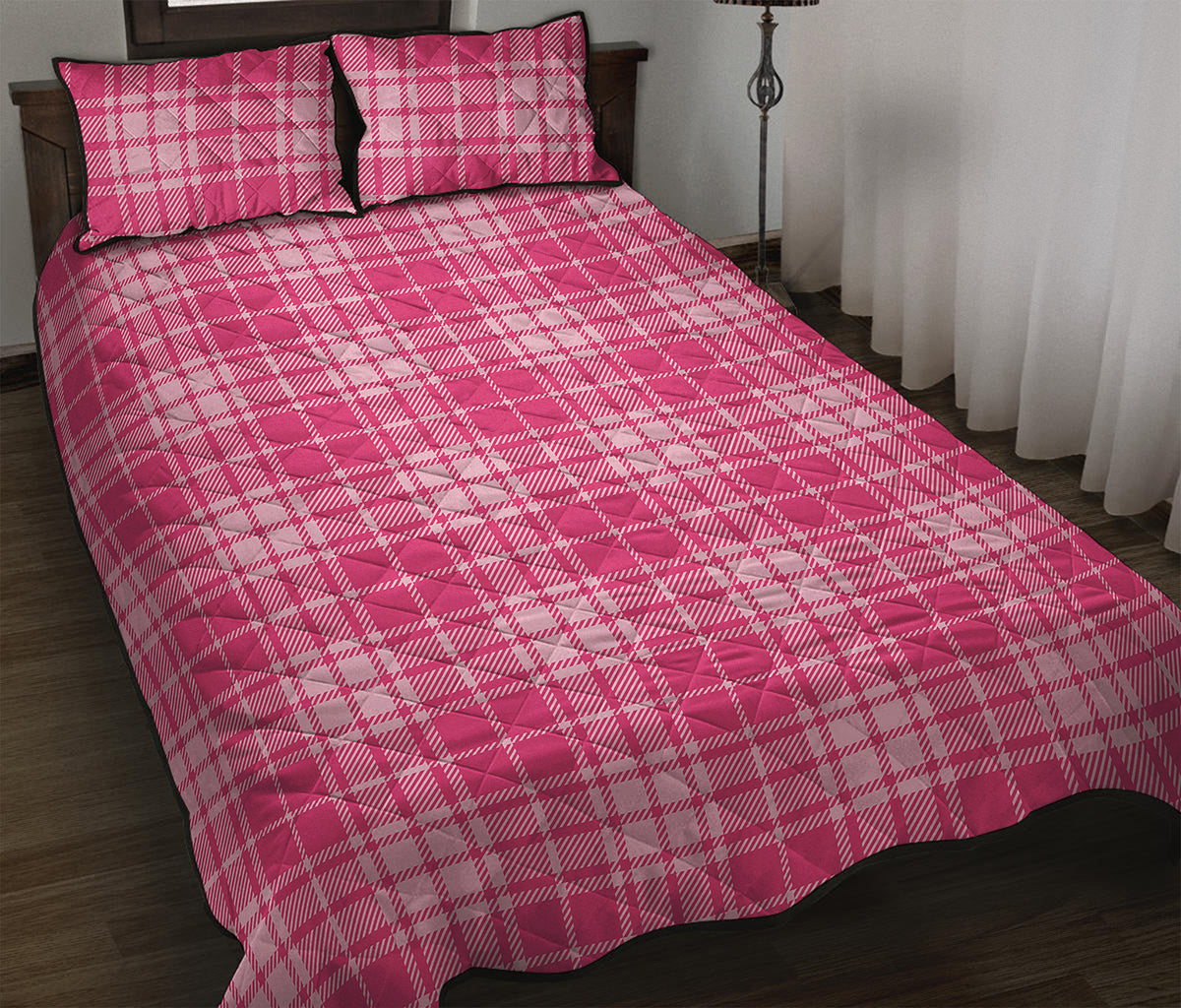 Pink Tartan Pattern Print Quilt Bed Set