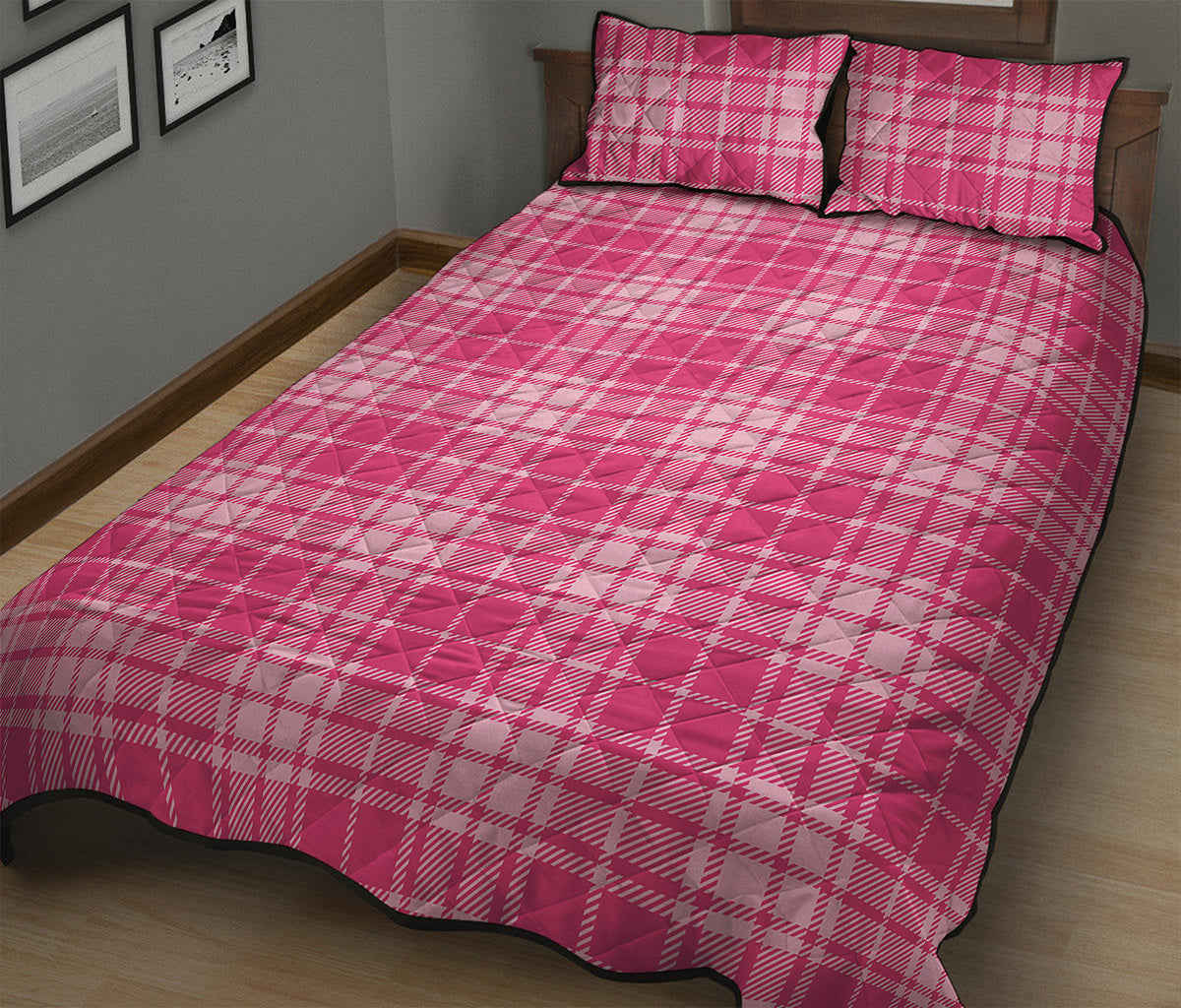 Pink Tartan Pattern Print Quilt Bed Set