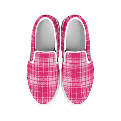 Pink Tartan Pattern Print White Slip On Shoes