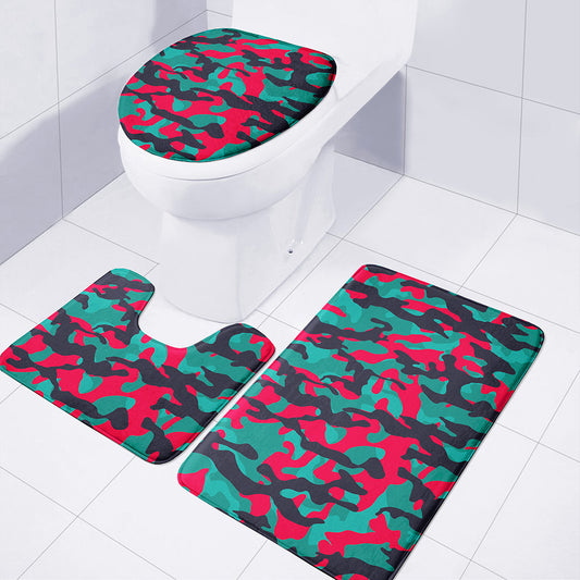 Pink Teal And Black Camouflage Print 3 Piece Bath Mat Set