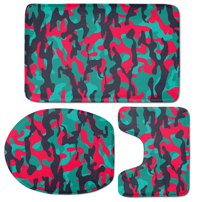 Pink Teal And Black Camouflage Print 3 Piece Bath Mat Set