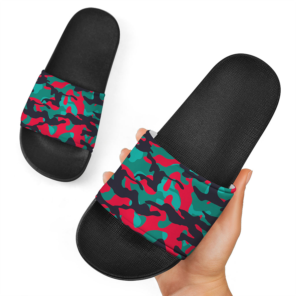 Pink Teal And Black Camouflage Print Black Slide Sandals