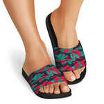 Pink Teal And Black Camouflage Print Black Slide Sandals
