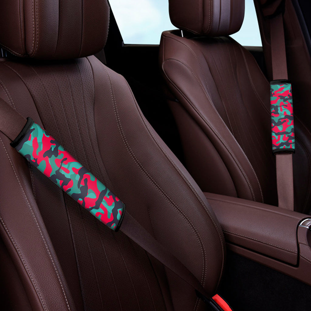 Pink Teal And Black Camouflage Print Car Seat Belt Covers