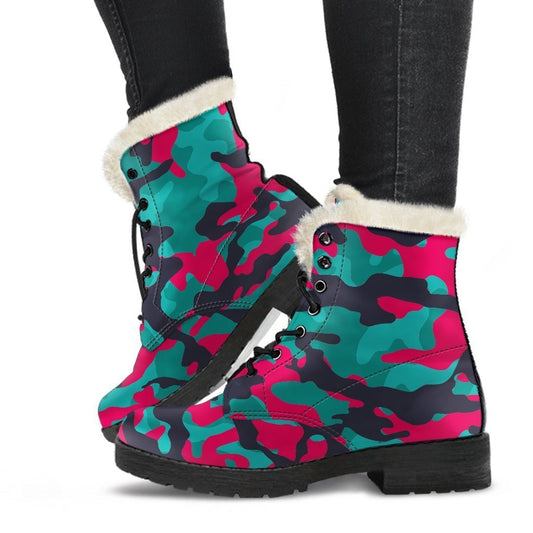 Pink Teal And Black Camouflage Print Comfy Boots GearFrost