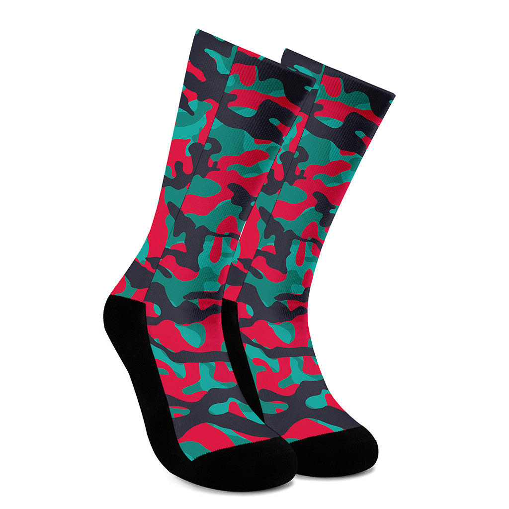 Pink Teal And Black Camouflage Print Crew Socks
