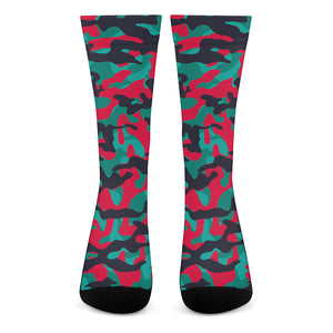 Pink Teal And Black Camouflage Print Crew Socks