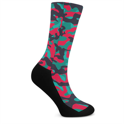 Pink Teal And Black Camouflage Print Crew Socks