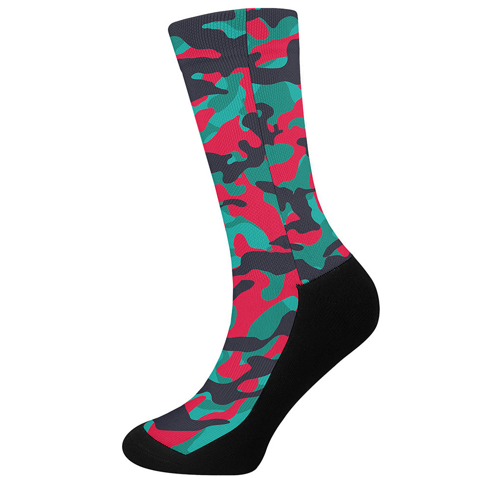 Pink Teal And Black Camouflage Print Crew Socks
