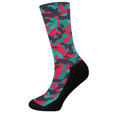 Pink Teal And Black Camouflage Print Crew Socks