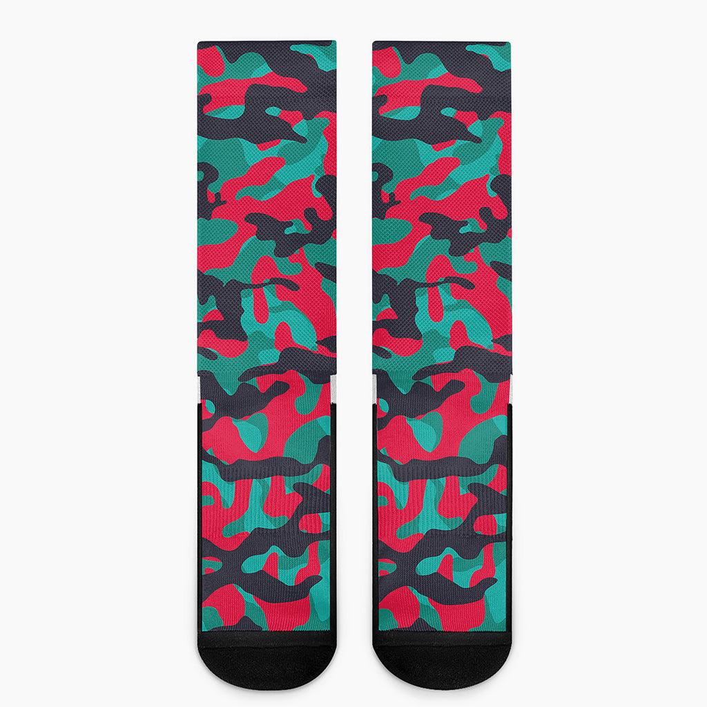 Pink Teal And Black Camouflage Print Crew Socks