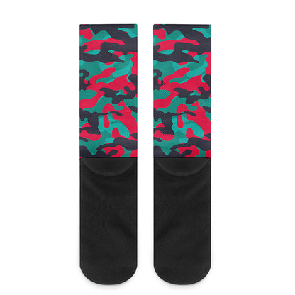 Pink Teal And Black Camouflage Print Crew Socks