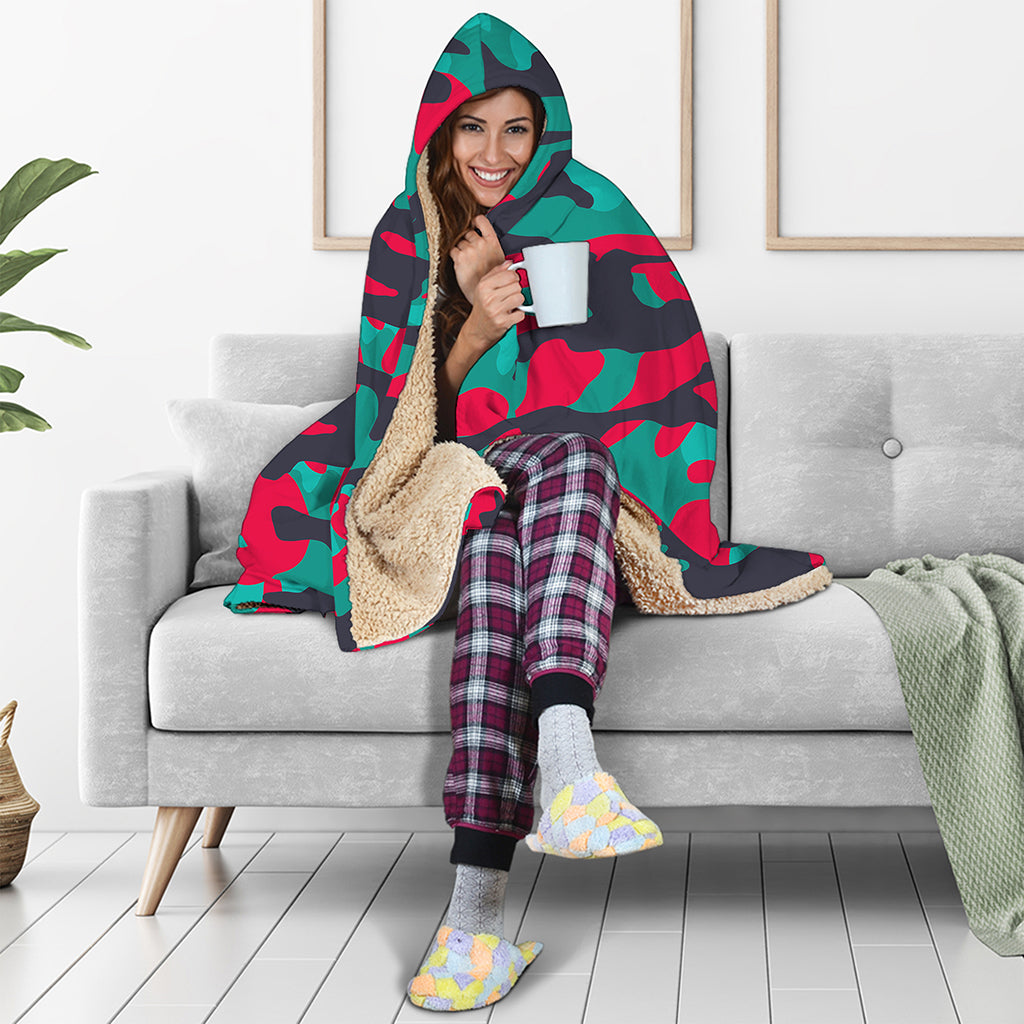 Pink Teal And Black Camouflage Print Hooded Blanket