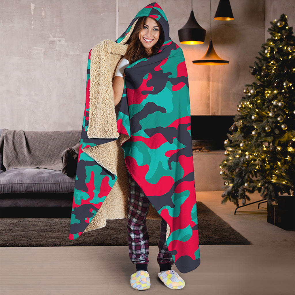 Pink Teal And Black Camouflage Print Hooded Blanket