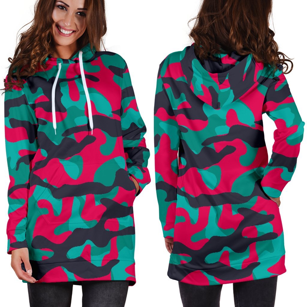 Pink Teal And Black Camouflage Print Hoodie Dress GearFrost