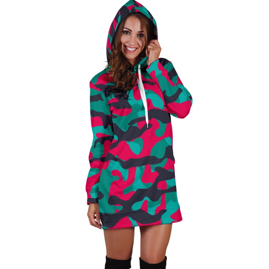 Pink Teal And Black Camouflage Print Hoodie Dress GearFrost