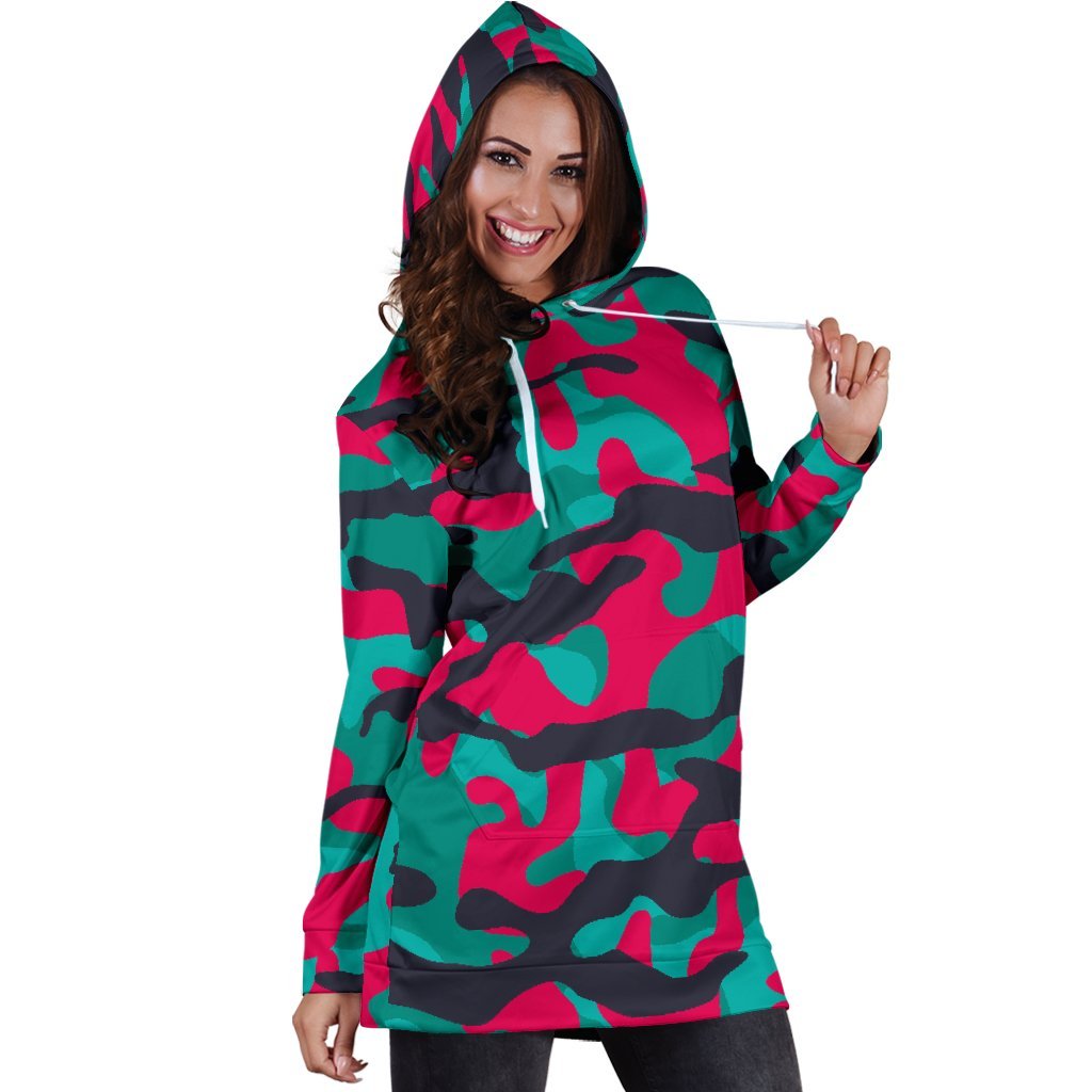 Pink Teal And Black Camouflage Print Hoodie Dress GearFrost