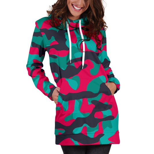 Pink Teal And Black Camouflage Print Hoodie Dress GearFrost