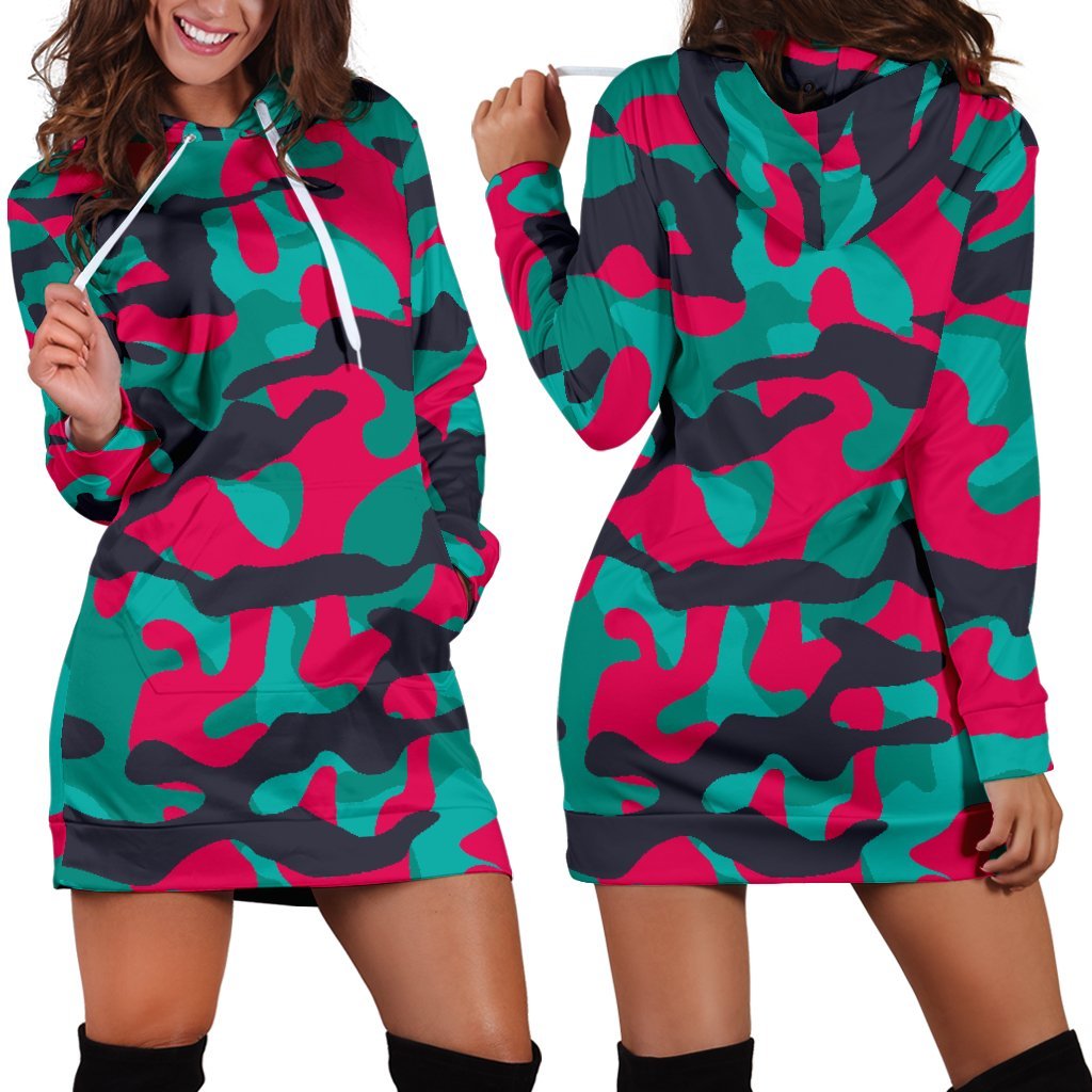 Pink Teal And Black Camouflage Print Hoodie Dress GearFrost