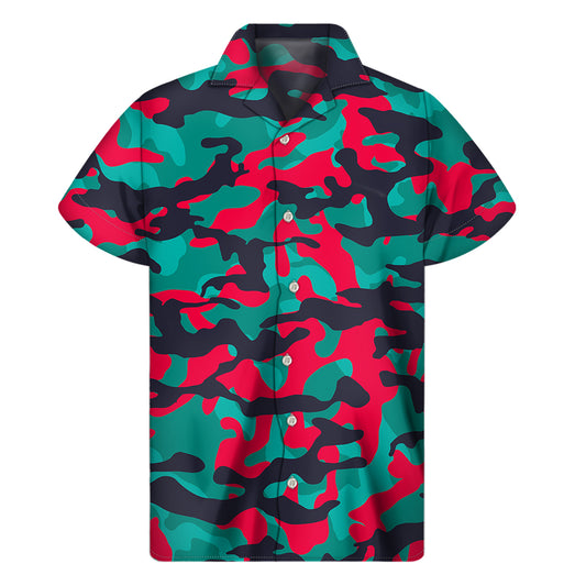 Pink Teal And Black Camouflage Print Men's Short Sleeve Shirt