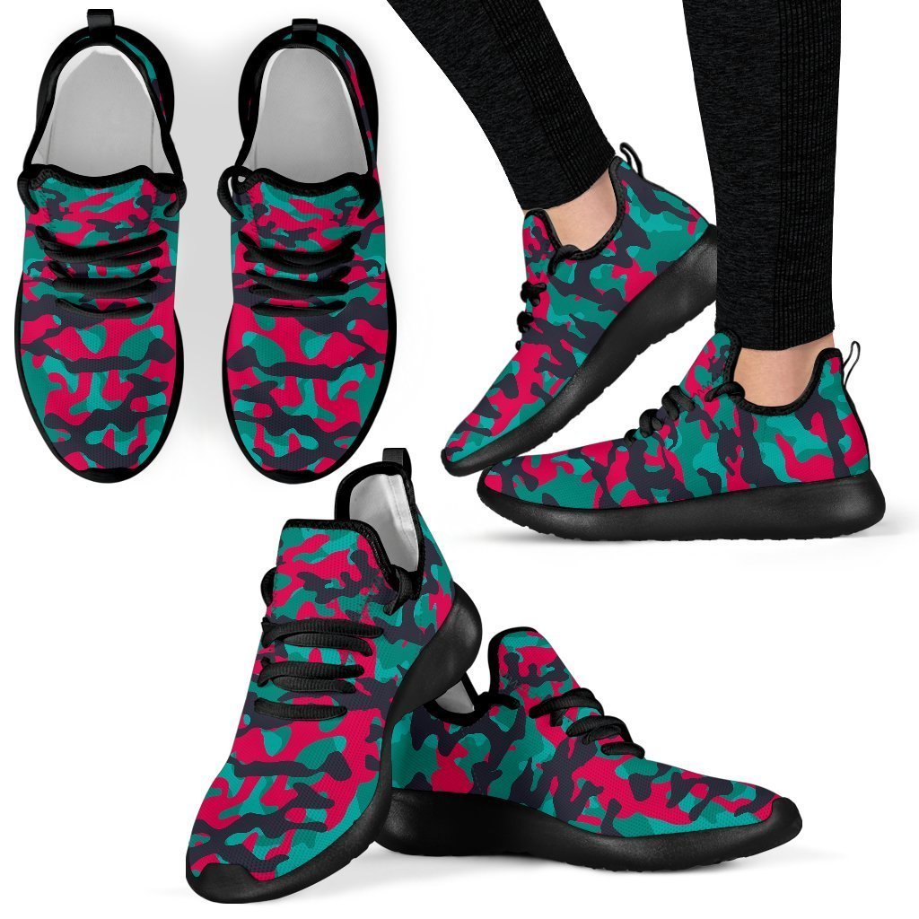 Pink Teal And Black Camouflage Print Mesh Knit Shoes GearFrost
