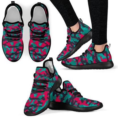 Pink Teal And Black Camouflage Print Mesh Knit Shoes GearFrost