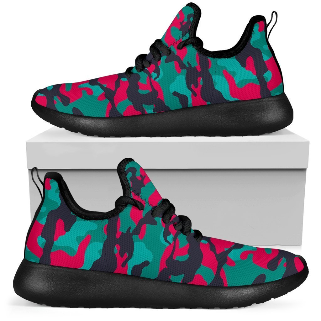 Pink Teal And Black Camouflage Print Mesh Knit Shoes GearFrost