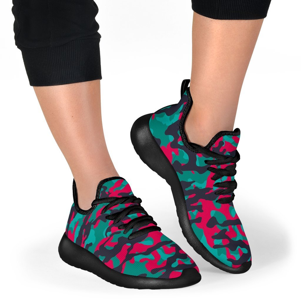 Pink Teal And Black Camouflage Print Mesh Knit Shoes GearFrost