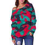 Pink Teal And Black Camouflage Print Off Shoulder Sweatshirt GearFrost