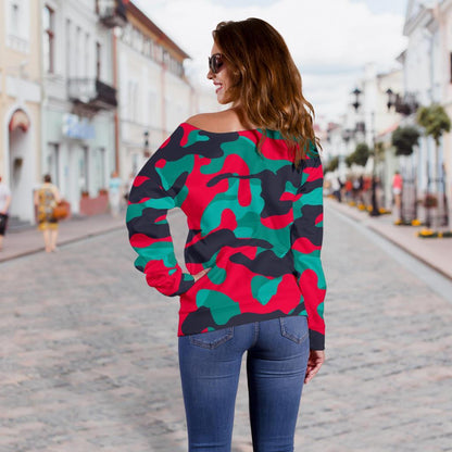 Pink Teal And Black Camouflage Print Off Shoulder Sweatshirt GearFrost