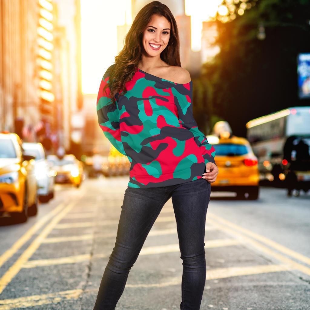 Pink Teal And Black Camouflage Print Off Shoulder Sweatshirt GearFrost