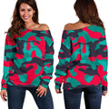 Pink Teal And Black Camouflage Print Off The Shoulder Sweatshirt