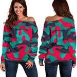 Pink Teal And Black Camouflage Print Off Shoulder Sweatshirt GearFrost