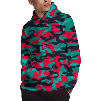 Pink Teal And Black Camouflage Print Pullover Hoodie