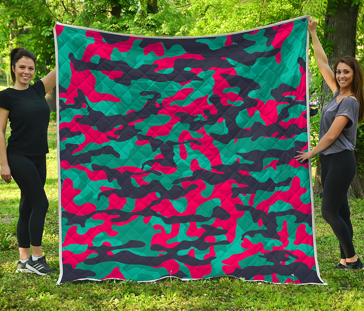 Pink Teal And Black Camouflage Print Quilt