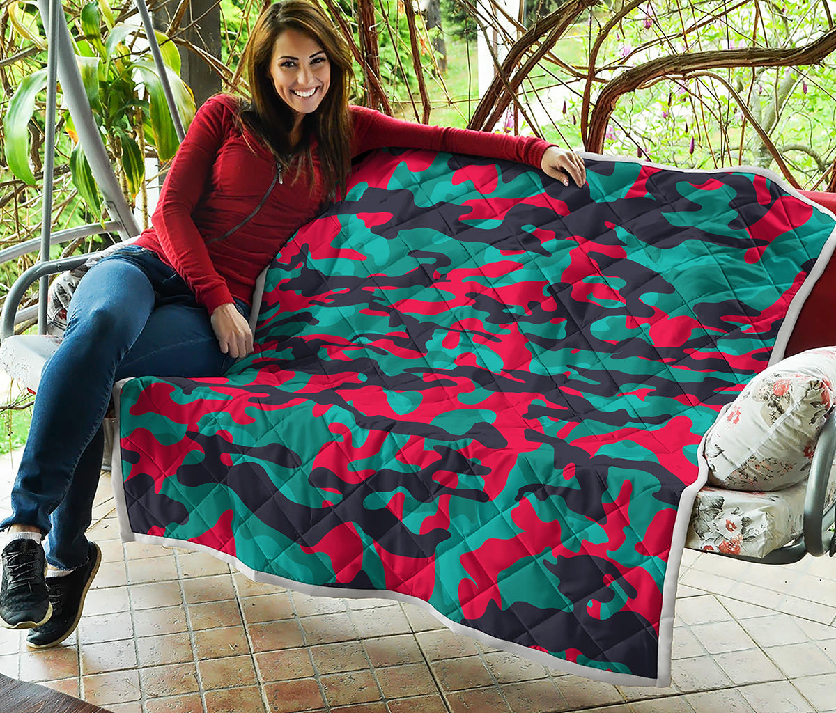 Pink Teal And Black Camouflage Print Quilt
