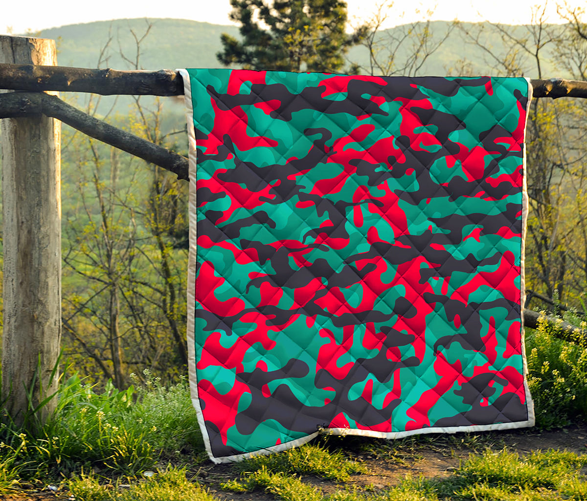 Pink Teal And Black Camouflage Print Quilt