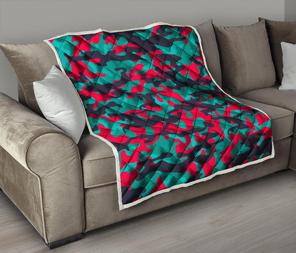 Pink Teal And Black Camouflage Print Quilt