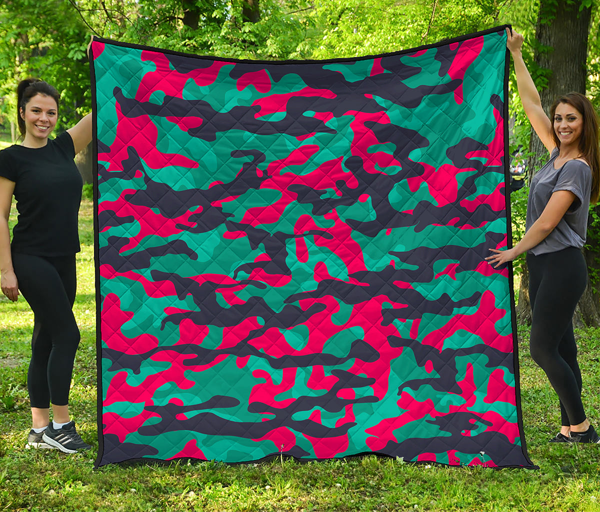 Pink Teal And Black Camouflage Print Quilt