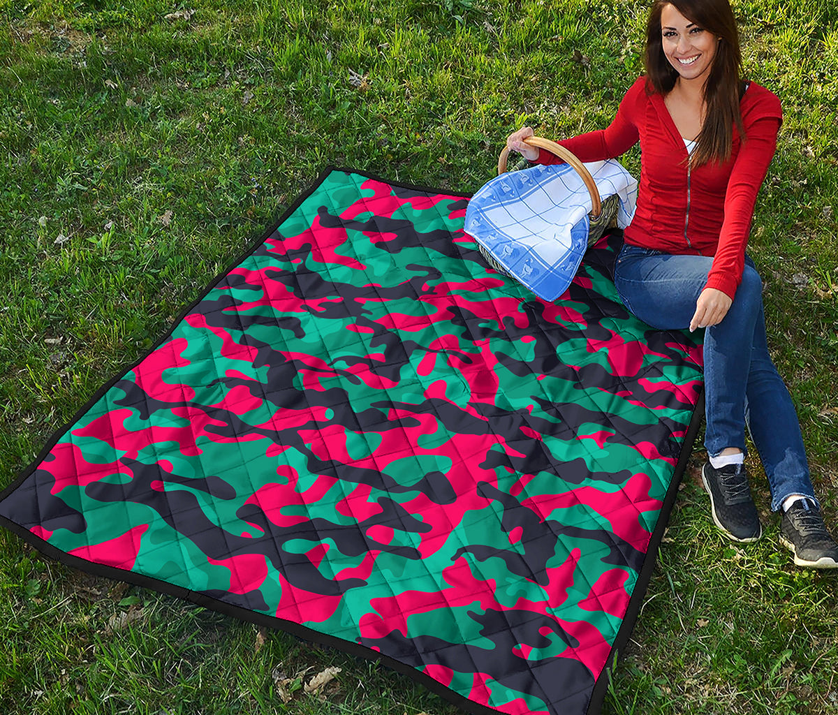 Pink Teal And Black Camouflage Print Quilt