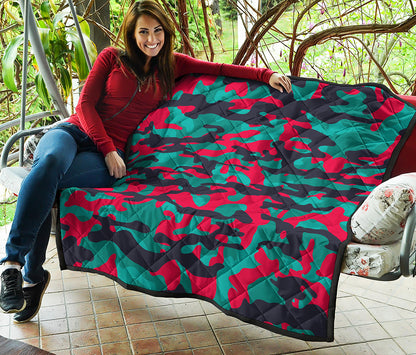 Pink Teal And Black Camouflage Print Quilt