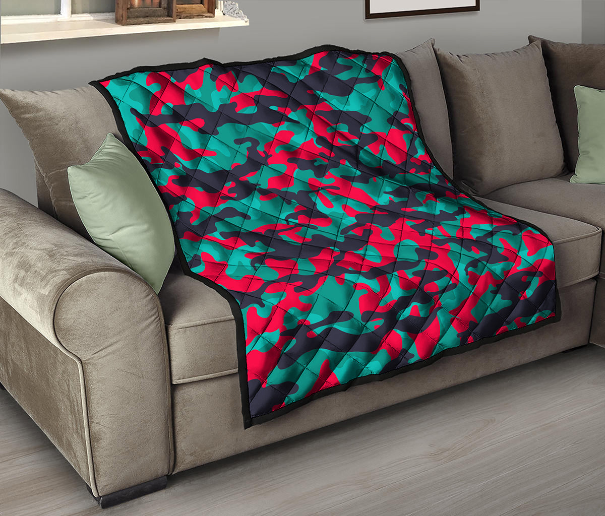 Pink Teal And Black Camouflage Print Quilt